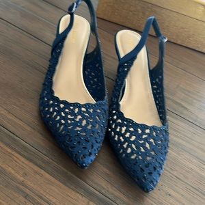 Navy blue dress pumps.  Worn for a wedding once